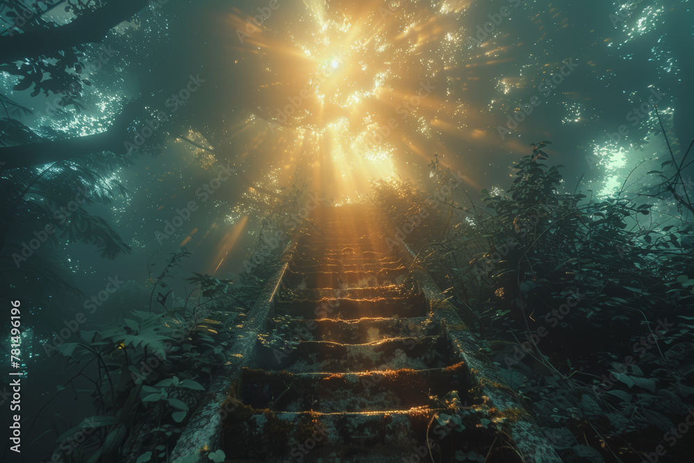 Fototapeta premium A ladder reaching towards the heavens, depicting ambition and aspiration as it climbs towards new heights and possibilities. Concept of ambition and growth. Generative Ai.