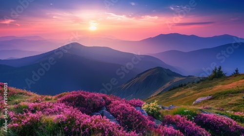 Mountains during flowers blossom and sunrise flowers on the mountain hills beautiful natural landscape