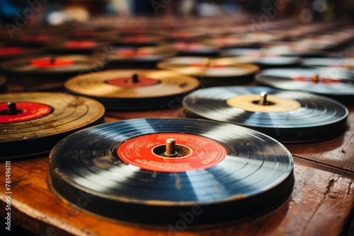 enhance the vintage feel of a vinyl record collection with added scratches and light leaks for an authentic touch. photo