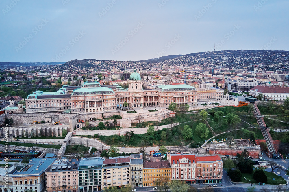 Obraz premium Panoramic view on skyline of Budapest. Aerial view of Grand Buda Castle in capital of Hungary