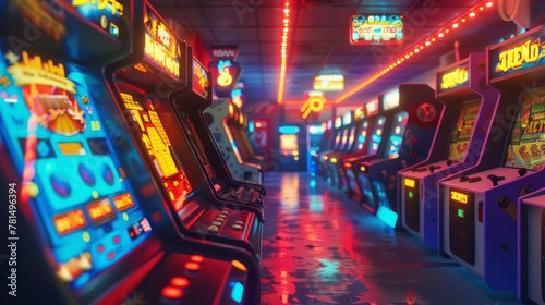 Retro arcade room, neon lights on machines, nostalgic glow, lively atmosphere