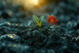 A seedling pushing through the soil towards the sunlight, representing growth and resilience in the face of adversity. Concept of growth and perseverance. Generative Ai.