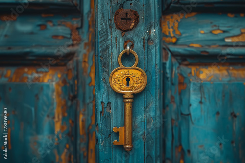 A key unlocking a mysterious door, symbolizing discovery and opportunity as it opens new pathways and possibilities. Concept of discovery and exploration. Generative Ai.