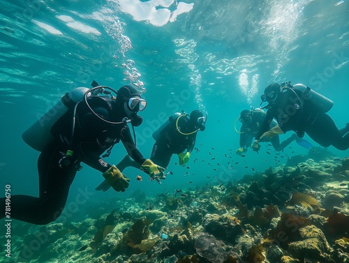 A group of scuba divers are swimming in the ocean, with one of them holding a net