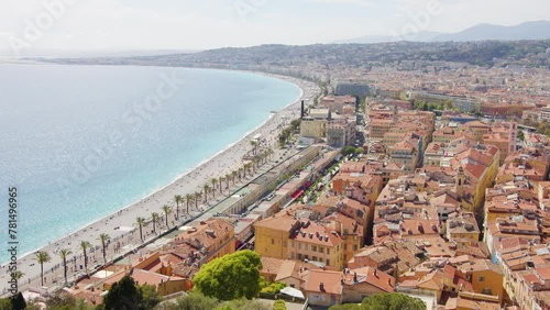 Aerial View of Bustling Beachfront Promenade in Nice, France on a Sunny Day