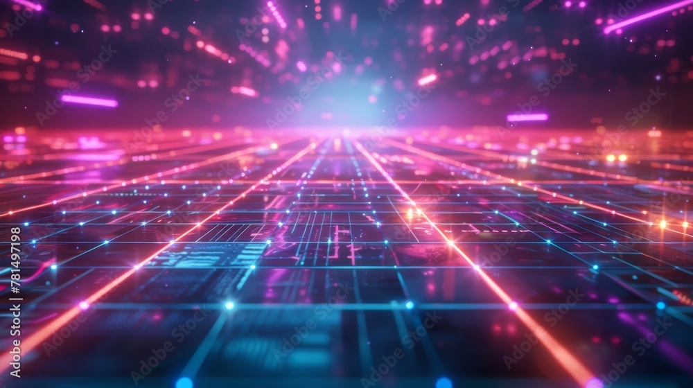 Virtual neon grid landscape, 80s cyber vibe, digital horizon, glowing lines Virtual neon grid landscape, 80s cyber vibe, digital horizon, glowing lines