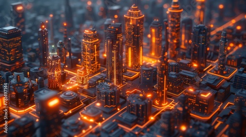 Virtual Cloud Cities - Futuristic cities with buildings outlined by glowing nodes, emphasizing smart urban planning