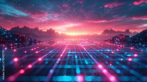 Virtual neon grid landscape, 80s cyber vibe, digital horizon, glowing lines photo