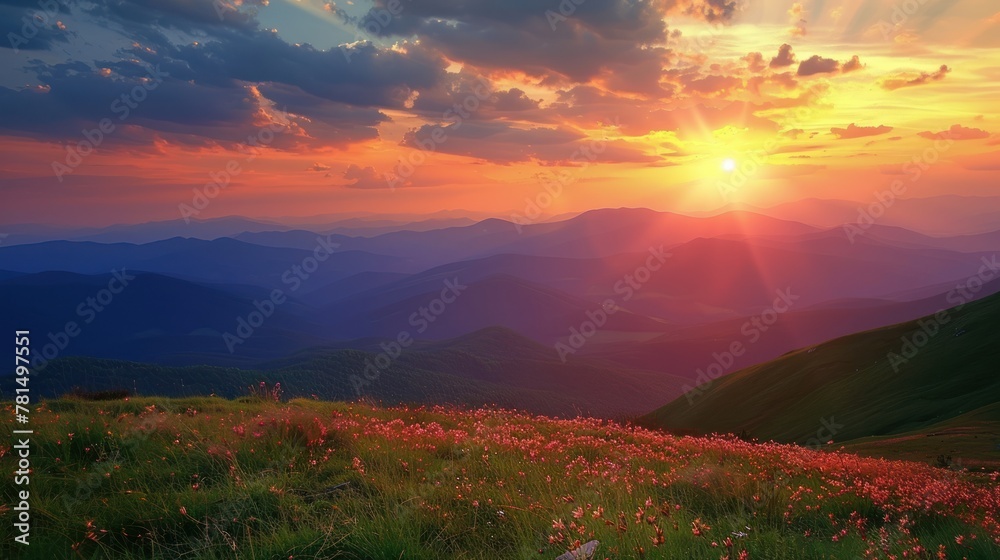Mountains during flowers blossom and sunrise flowers on the mountain hills beautiful natural landscape