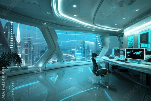 a futuristic office with a view of a city