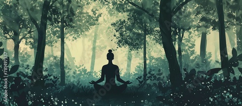 Silhouette of a woman sitting in an atomosphere forest in the lotus position, surrounded by trees and leaves, a person meditating. Calming background with copy space photo