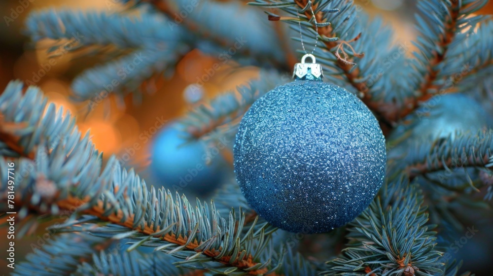 Naklejka premium A blue christmas ball hangs tree