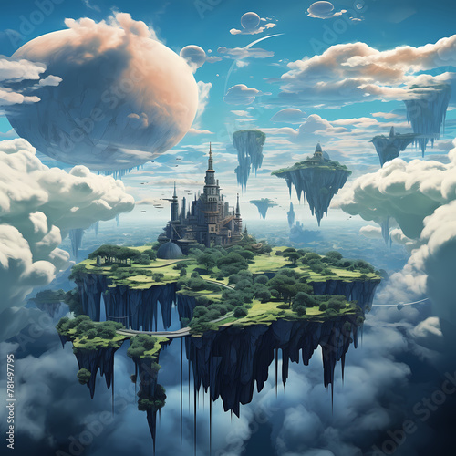 A surreal landscape with floating islands in the sky