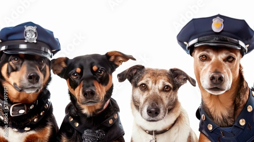 Dogs don police outfits on white background. Adorable law enforcers to melt your heart. photo