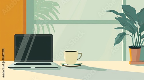 Un ambiente domestico tranquillo con un computer portatile e una tazza di caffè, che rappresenta la comodità di lavorare da casa