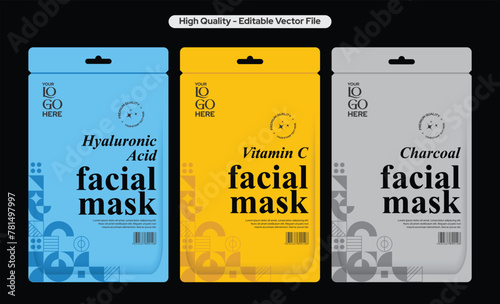Facial mask packaging design mask label design hyaluronic acid face mask design, vitamin c, charcoal mask design, skin care product label, cosmetic packaging illustration print ready file