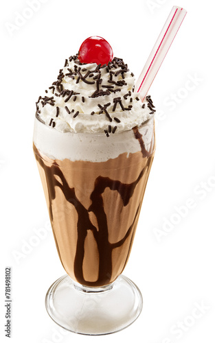 taça com milk shake de chocolate com cobertura de chantilly, granulado de chocolate e cereja isolado em fundo transparente photo