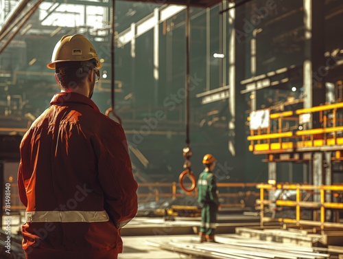 A man in a red jacket stands in a large industrial building. He is wearing a hard hat and safety glasses. Another man is standing nearby. The scene is industrial