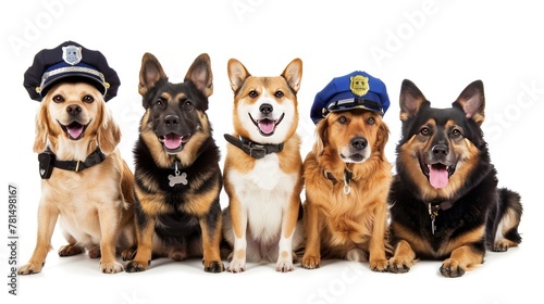 Dogs don police outfits on white background. Adorable law enforcers to melt your heart. © pvl0707