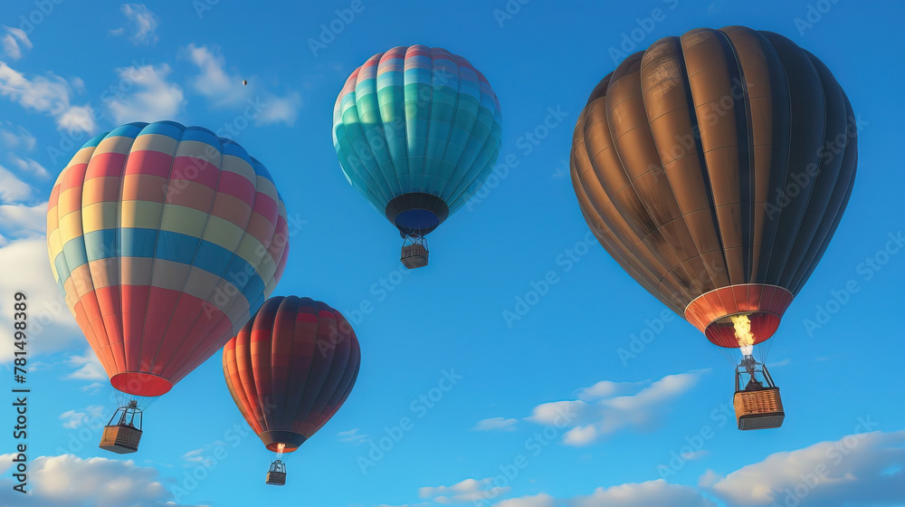 Naklejka premium Colorful hot air balloons floating in blue sky. Adventure and exploration theme