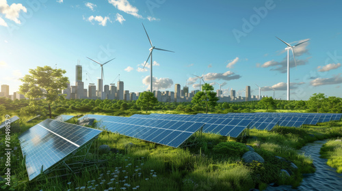 Energia rinnovabile. Pannelli solari e turbine eoliche, in un paesaggio urbano o naturale	 photo