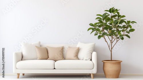 A clean white sofa with beige pillows next to a potted green plant in a bright room.
