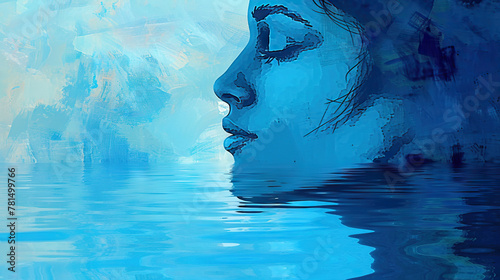 Serenity in Blue: A peaceful portrait set against a calming blue background, reflecting tranquility, harmony, and inner peace