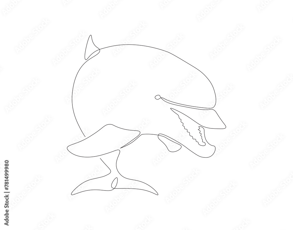 Continuous line drawing of dolphin. One line of dolphin. Marine animal concept continuous line art. Editable outline.