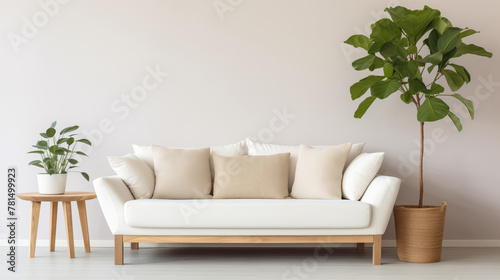 A modern living room with a white couch, beige cushions, and a tall green plant.