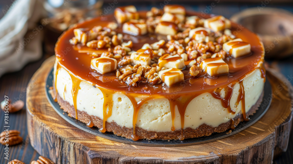 Gourmet Cheesecake Topped With Caramel and Nuts on Wooden Table