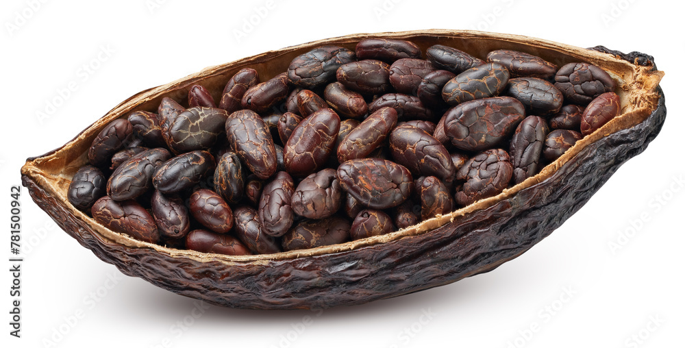 Cocoa pods and cocoa beans and cacao powder with leaves isolated on white background. Cocoa fruit with clipping path Cocoa pods and cocoa beans and cacao powder with leaves isolated on white background. Cocoa fruit with clipping path