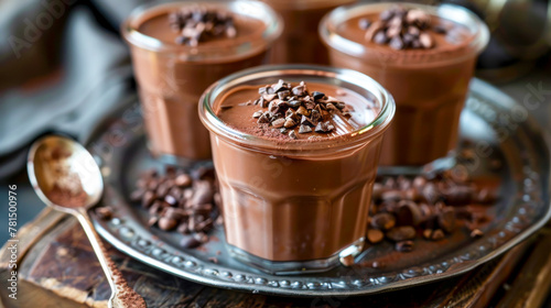 Decadent Creamy Chocolate Pudding Served in Vintage Glass Jars
