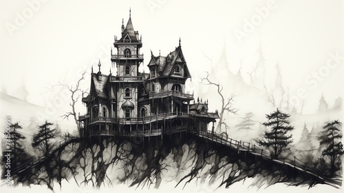 Capture the eerie essence of horror with a minimalist birds-eye view of a haunted mansion at dusk Utilize pen and ink for a chilling atmosphere,