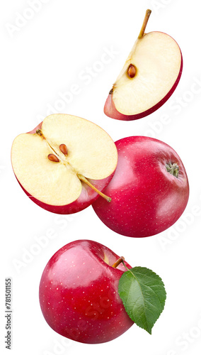 Red apple fruit and leaves isolated on a white background. Red apple with leaves clipping path. Flying in air apple