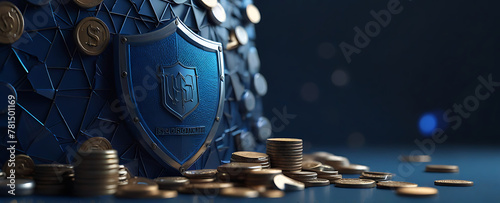 A blue guard shield with a pile of coins, The concept represents deposit insurance or financial security, Geometric background. Wireframe connection structure, abstract banner, Cost Security photo