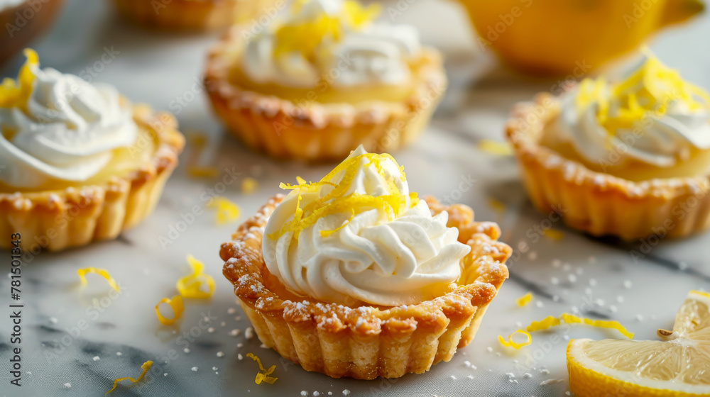 Mini Lemon Tarts with Whipped Cream on Marble Background Mini Lemon Tarts with Whipped Cream on Marble Background