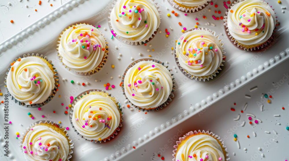 Freshly Baked Cupcakes With Colorful Sprinkles on a Tray