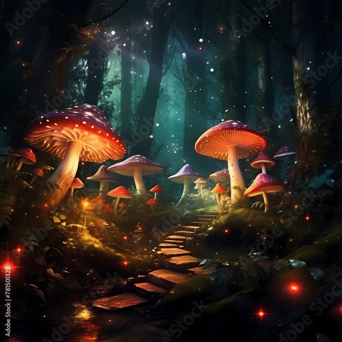 An enchanted forest with glowing mushrooms.