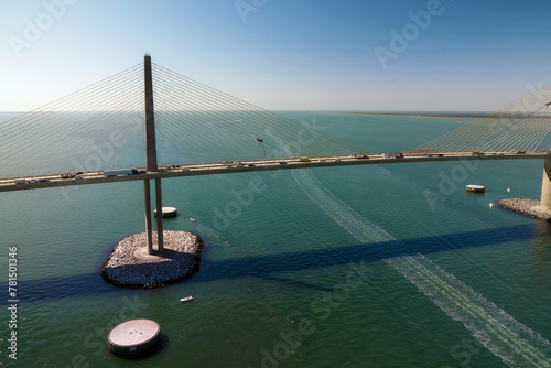 Sunshine Skyway Bridge over Tampa Bay in Florida with moving traffic. Concept of transportation infrastructure