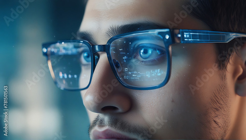 Closeup of Data reflecting on eyeglasses on man's face hologram reflection designer concept, AI