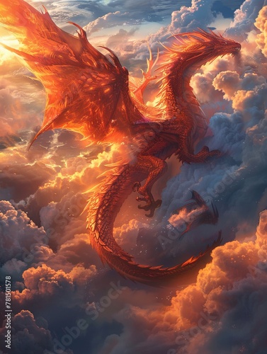 a dragon soaring through the clouds, evoking a sense of power and majesty Use vibrant colors and dynamic composition photo