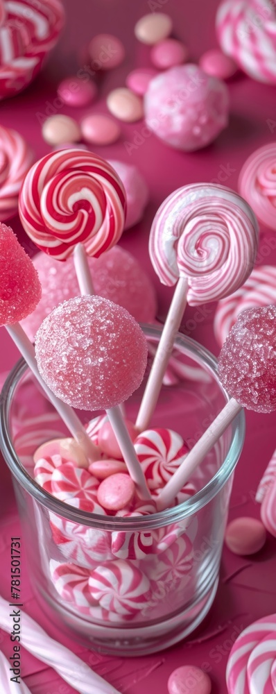 pink lollipops and white candy sticks playfully arranged inside and around a clear glass bowl The image should evoke a sense of sweetness and fun pink lollipops and white candy sticks playfully arranged inside and around a clear glass bowl The image should evoke a sense of sweetness and fun