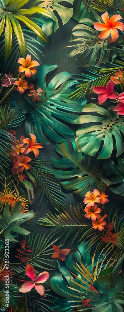 a vibrant and lush tropical jungle scene, bursting with colorful exotic flora and fauna Ensure that the intricate details of the plants and animals are vividly portrayed