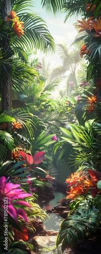 a vibrant and lush tropical jungle scene  bursting with colorful exotic flora and fauna Ensure that the intricate details of the plants and animals are vividly portrayed