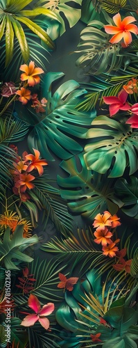 a vibrant and lush tropical jungle scene  bursting with colorful exotic flora and fauna Ensure that the intricate details of the plants and animals are vividly portrayed