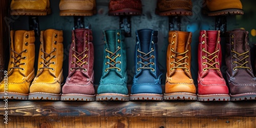 Colorful Boots Arranged on Wooden Shelf