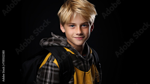 Cute teenager boy in black shirt with school bag and hands in pockets over black isolated background, half body, as school, education concept