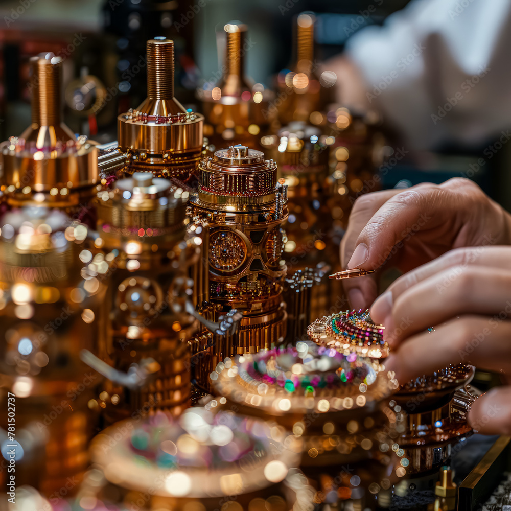 A person is working on a collection of antique clocks. The clocks are made of gold and have intricate designs. The person is carefully examining and repairing one of the clocks A person is working on a collection of antique clocks. The clocks are made of gold and have intricate designs. The person is carefully examining and repairing one of the clocks