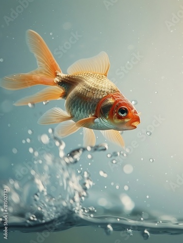 The goldfish gracefully navigates through the water, creating bubbles and splashes that add vibrancy to its movements. © Pornarun