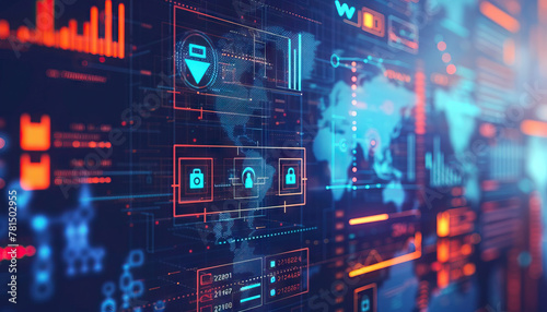 Cybersecurity Trends: Analyzing cybersecurity trends with a graphic illustrating threat detection technologies, zero-trust frameworks, and cybersecurity protocols